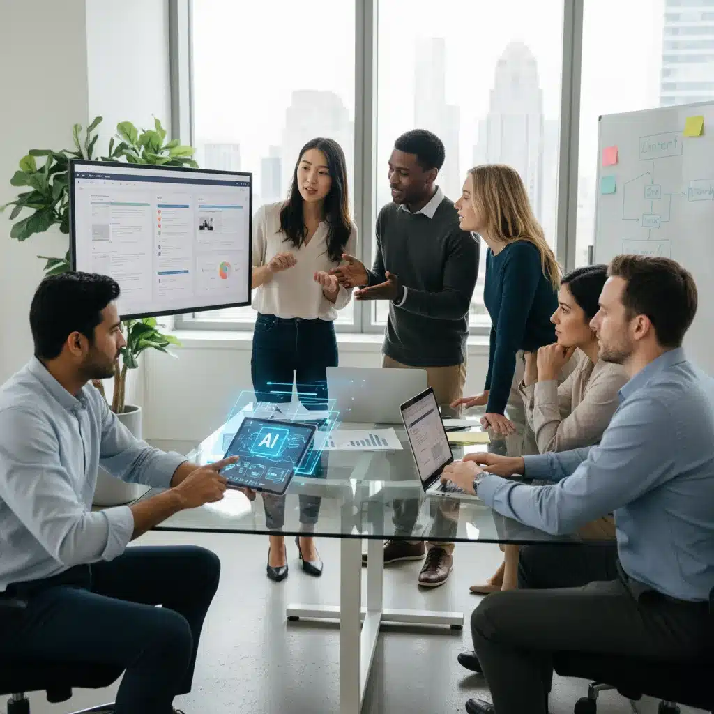 Marketing team collaborating with AI for content strategy