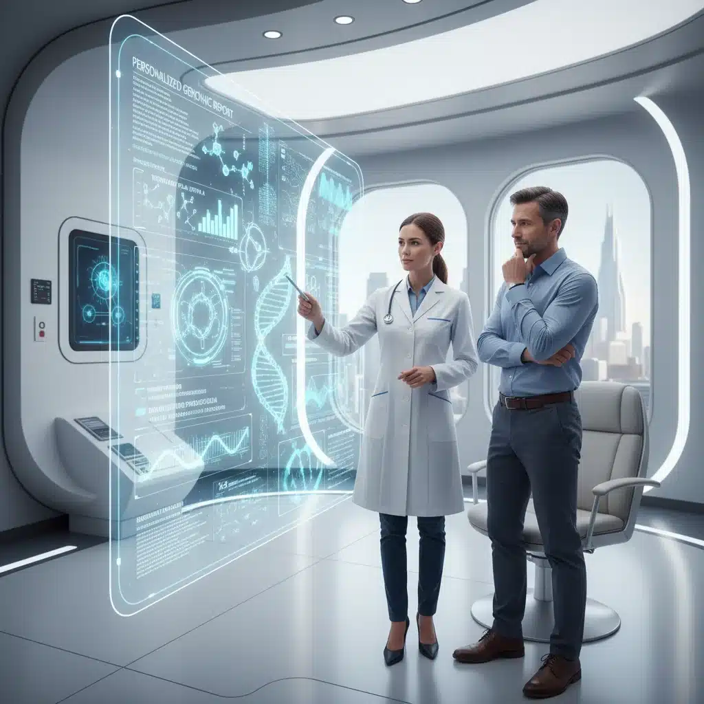 Doctor and patient reviewing personalized genetic data on a holographic display for tailored treatment.