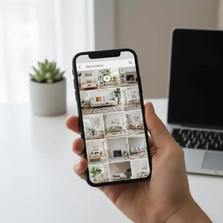 Hand holding smartphone with Pinterest visual search for home decor