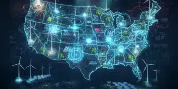 Futuristic smart energy grid with AI preventing outages across the US map.