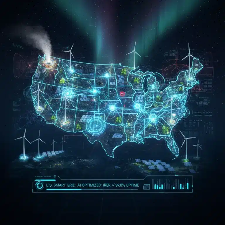 Futuristic smart energy grid with AI preventing outages across the US map.