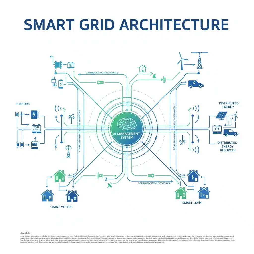 Diagram showing interconnected components of a smart grid with AI management.