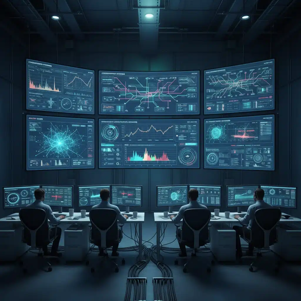 Engineers monitoring real-time smart grid data in a control room.