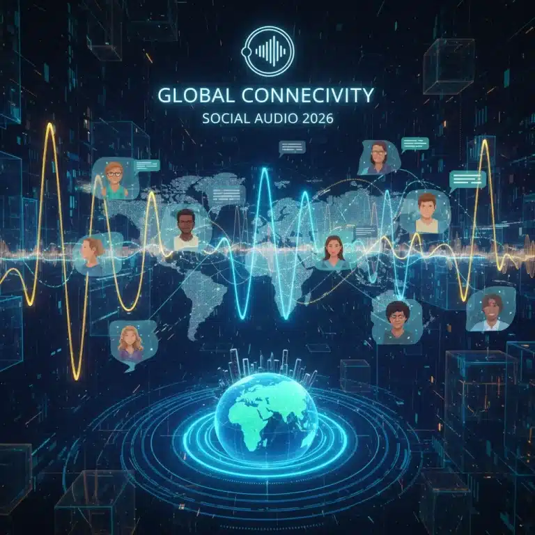 Futuristic digital interface showing interconnected audio waves and diverse user avatars, representing social audio platforms in 2026.