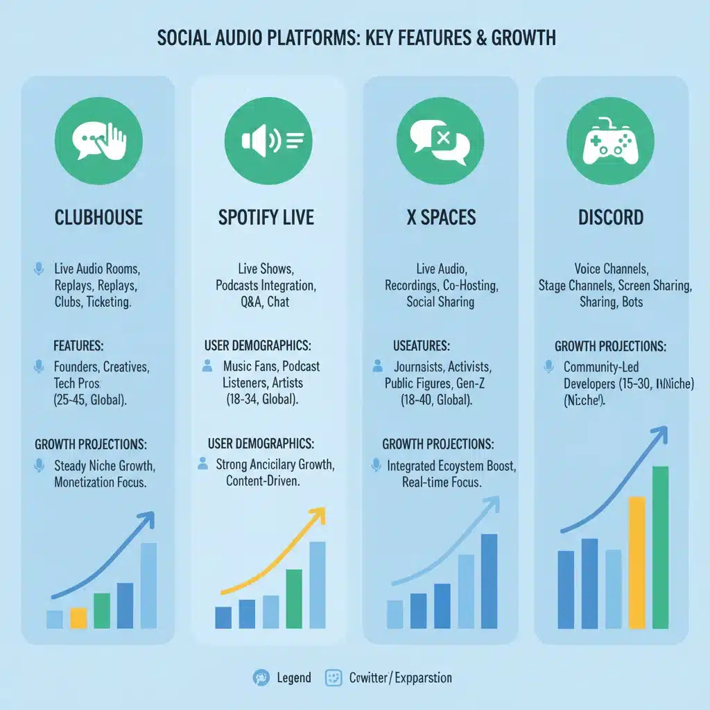 Infographic comparing features and user data of Clubhouse, Spotify Live, Twitter Spaces, and Discord.