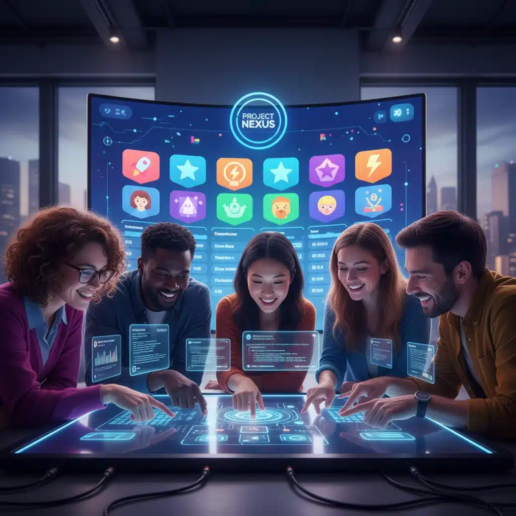 Tech team collaborating on a project, with gamified progress dashboard in the background.